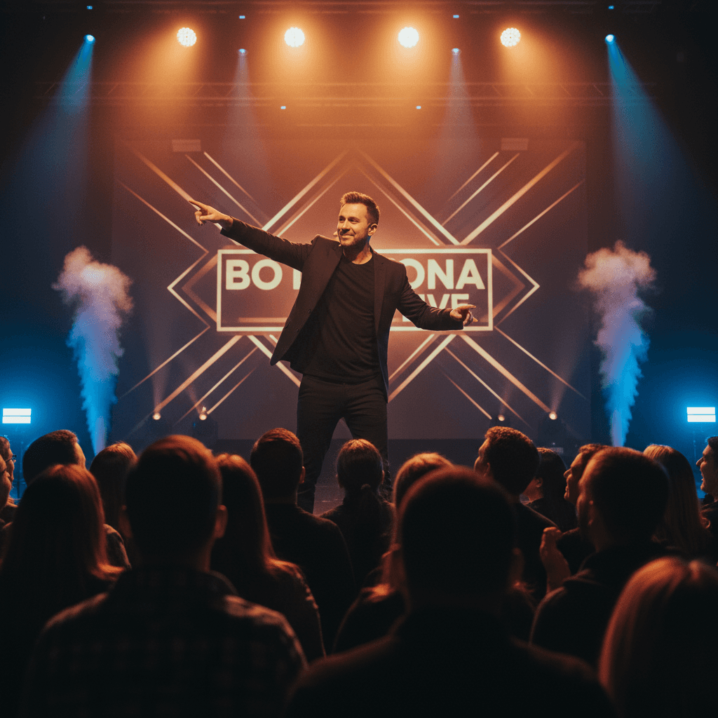Bo Daytona performing on stage with animated expression during stand-up set