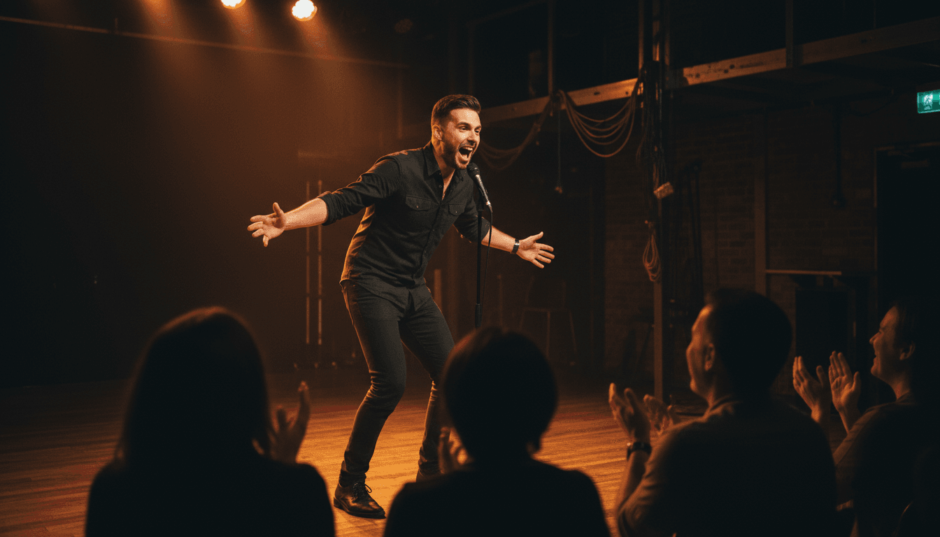 Bo Daytona performing high-energy stand-up comedy on stage with dynamic stage lighting